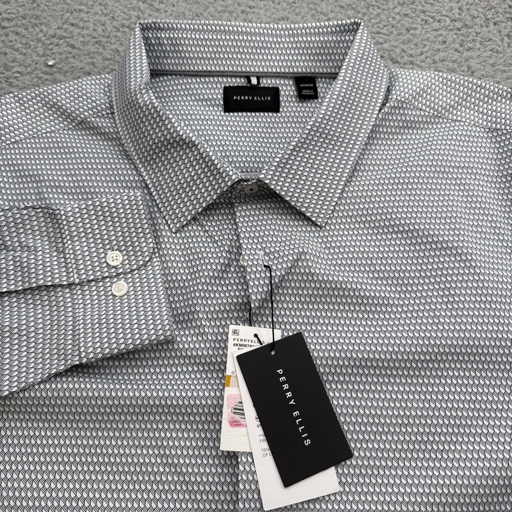 Perry Ellis Casual Dress Shirt Mens 4XL XXXXL L/S White Geometric Pattern Button